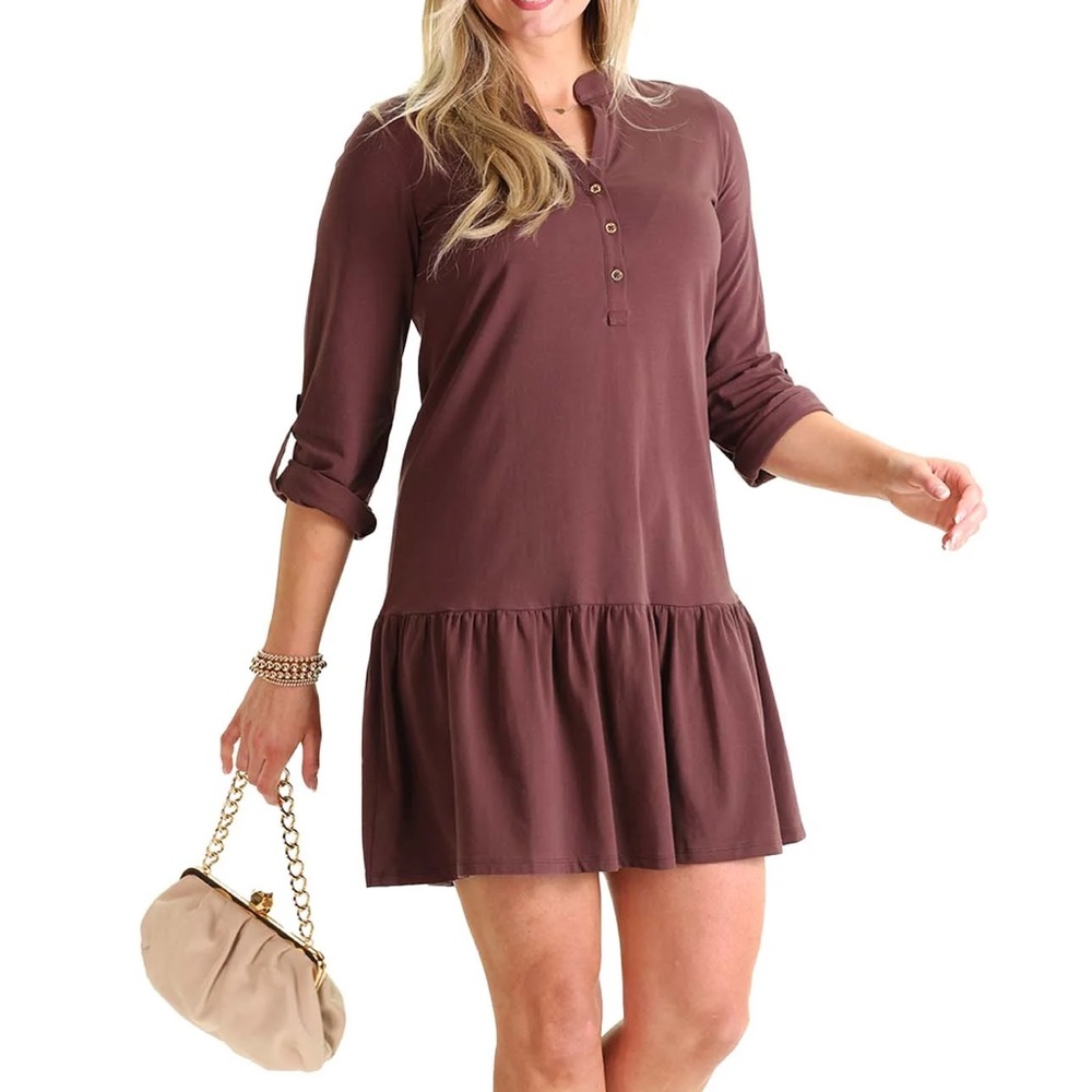 NWT Women’s Juno dress in chocolate brown. Gold buttons. Duffield Lane.